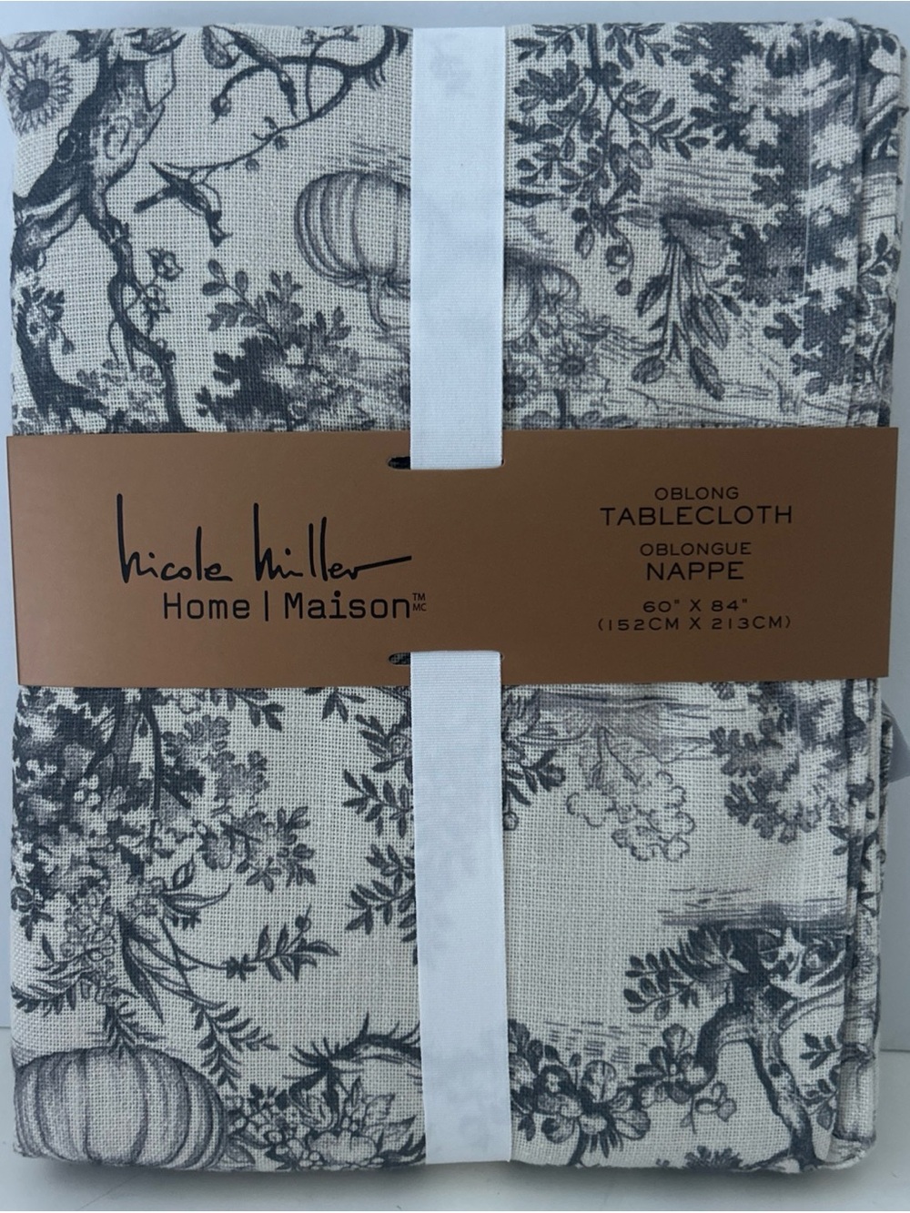 Nicole Miller Home Tablecloth Thanksgiving Fall Blue-Gray Toile Oblong 60” X 84”